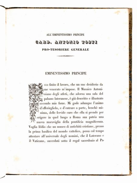 [Archeologia/Roma] Secchi, Giampietro : Il Musaico Antoniniano rappresentante la scuola degli atleti trasferito per ordine del regnante sommo pontefice Gregorio 16... In Roma, Giuseppe & Francesco Salviucci 1843.  - Asta Libri Rari & Manoscritti del XVI Secolo - Associazione Nazionale - Case d'Asta italiane