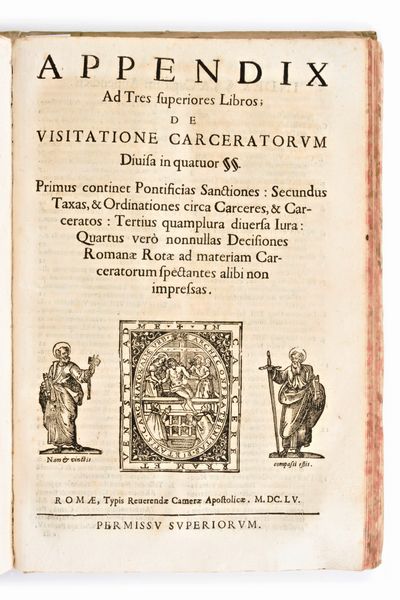 [Carceri/Roma] Scanaroli, Giovanni Battista : De visitatione carceratorum libri tres... In Roma, Tip. Apostolica, 1655  - Asta Libri Rari & Manoscritti del XVI Secolo - Associazione Nazionale - Case d'Asta italiane