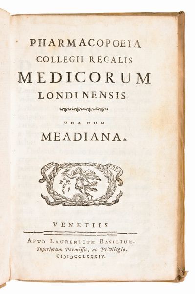 Lotto di 4 opere di medicina e farmacologia. Pharmacopoeia Collegii regalis medicorum Londinensis, 1784. - Frank, Johann Peter : De curandis hominum morbis 1794. - Plenck, Joseph Jakob : Elementi di medicina e chirurgia forense 1797. - Pilla, N. :  Introduzione alla teoria del moto universale. Napoli, 1818  - Asta Libri Rari & Manoscritti del XVI Secolo - Associazione Nazionale - Case d'Asta italiane