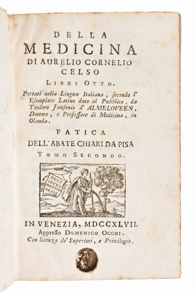 Lotto di 2 opere medicina (in 4 volumi) : ANDRIA, NICCOLÒ : ISTITUZIONI DI MEDICINA PRATICA TOMO PRIMO &.... NAPOLI : MANFREDIANA, 1812 E 1817. 2 VOLUMI - VAN ALMELOVEEN, THEODOOR JANSSON & CHIARI DA PISA: DELLA MEDICINA DI AURELIO CORNELIO CELSO LIBRI OTTO. IN VENEZIA, DOMENICO OCCHI 1747. 2 VOLUMI  - Asta Libri Rari & Manoscritti del XVI Secolo - Associazione Nazionale - Case d'Asta italiane