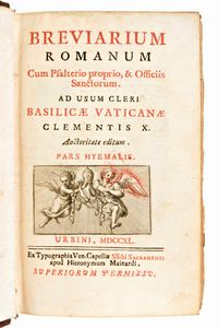 [Legature alle armi] Breviarium Romanum... Pars hiemalis. Urbini, Mainardi 1740 - Uffizio della settimana santa con la versione italiana di Monsi. Martini. Roma, Perego Salvioni, 1823  - Asta Libri Rari & Manoscritti del XVI Secolo - Associazione Nazionale - Case d'Asta italiane