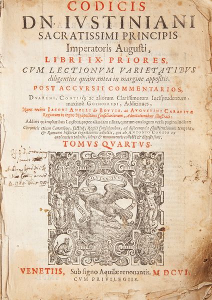 Giustiniano Imperatore - Digestum Vetus seu Pandectarum Iuris Civilis cum lectionum florentinarum varietatibus diligentius quam antea in margine appositis post Accursii Commentarios Contii Scholia Cuiacii Paratitla Duareni aliorumq Clarissimorum I.C. Additiones  - Asta Libri Antichi e Stampe - Associazione Nazionale - Case d'Asta italiane