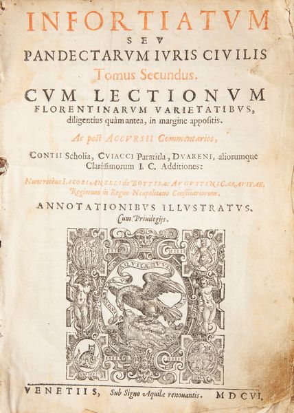 Giustiniano Imperatore - Digestum Vetus seu Pandectarum Iuris Civilis cum lectionum florentinarum varietatibus diligentius quam antea in margine appositis post Accursii Commentarios Contii Scholia Cuiacii Paratitla Duareni aliorumq Clarissimorum I.C. Additiones  - Asta Libri Antichi e Stampe - Associazione Nazionale - Case d'Asta italiane