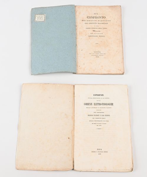 Lotto di 2 opuscoli sulle correnti elettriche e sul magnetismo: Esperienze sulla esistenza e le leggi delle Correnti elettro-fisiologiche negli animali a sangue caldo eseguite dai professori Francesco Puccinotti e Luigi Pacinotti nel gabinetto fisico dell'Università di Pisa Nei mesi di Giugno e Luglio del 1839  - Asta Libri Antichi e Stampe - Associazione Nazionale - Case d'Asta italiane