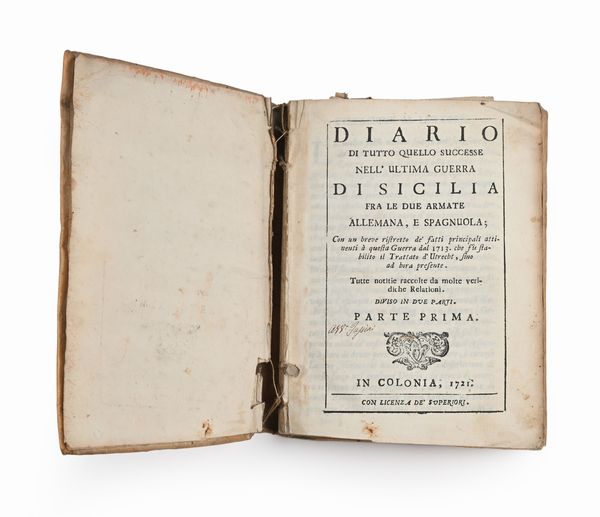 De Colpi - Diario di tutto quello successo nell'ultima guerra Fra Le Due Armate Allemana, E Spagnuola Con un breve ristretto de' fatti principali attinenti à questa guerra dal 1713 che fù stabilito il trattato d'Utrecht, sino ad hora presente  - Asta Libri Antichi e Stampe - Associazione Nazionale - Case d'Asta italiane