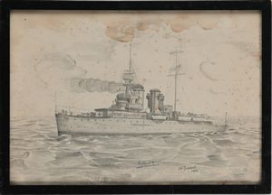 A. R. Dodson - Disegno a matita raffigurante un incrociatore da guerra della marina inglese  - Asta Libri Antichi e Stampe - Associazione Nazionale - Case d'Asta italiane