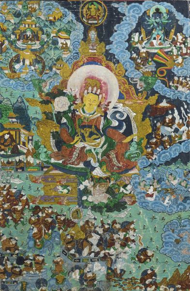 TANGKA : Tangka su seta applicato su pannello  Tibet  XX Sec. 61x40 cm  - Asta Arte Orientale - Associazione Nazionale - Case d'Asta italiane