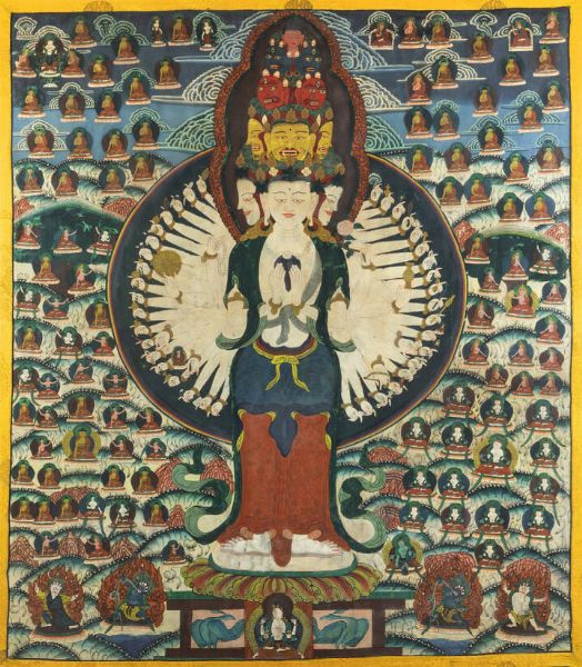 TANGKA : Tangka dipinto su seta rappresentante Buddha dalle mille braccia  Tibet  inizi XIX Sec. 102x89 cm  - Asta Arte Orientale - Associazione Nazionale - Case d'Asta italiane