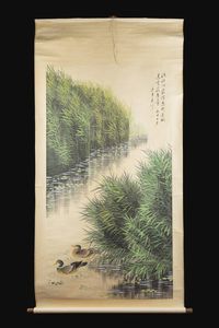 SCROLL - Scroll su carta dipinto con anatre e iscrizioni  Cina  dinastia Qing  XX Sec. 233x111 cm