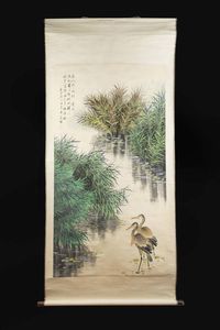 SCROLL - Scroll su carta dipinto con aironi e iscrizioni  Cina  dinastia Qing  XX Sec. 233x108 cm