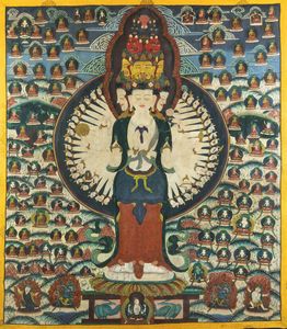 TANGKA - Tangka dipinto su seta rappresentante Buddha dalle mille braccia  Tibet  inizi XIX Sec. 102x89 cm