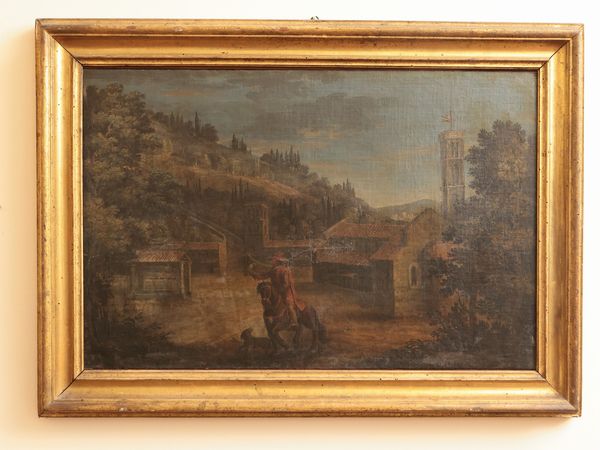 Scuola toscana della fine del XVIII secolo : Paesaggio con veduta di Chiesa e falconiere a cavallo  - Asta D�ballage. Occasioni in asta - Associazione Nazionale - Case d'Asta italiane