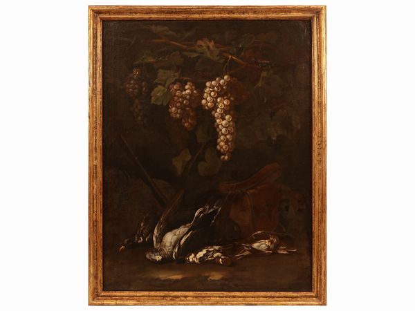 Scuola napoletana del XVII secolo : Natura morta con uva, cacciagione e carniere  - Asta D�ballage. Occasioni in asta - Associazione Nazionale - Case d'Asta italiane