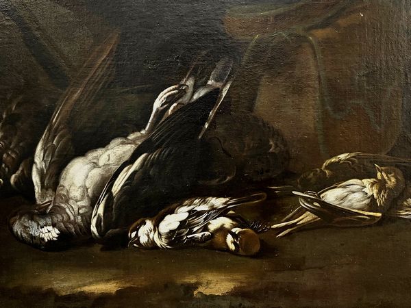 Scuola napoletana del XVII secolo : Natura morta con uva, cacciagione e carniere  - Asta D�ballage. Occasioni in asta - Associazione Nazionale - Case d'Asta italiane