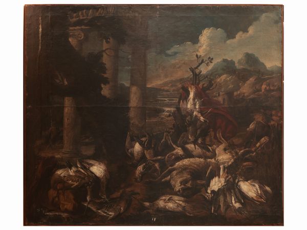 Scuola lombarda del XVII/XVIII secolo : Natura morta con cacciagione e ruderi classici in un paesaggio  - Asta D�ballage. Occasioni in asta - Associazione Nazionale - Case d'Asta italiane