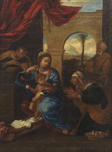 DA CORTONA PIETRO  (1596 - 1669) - Ambito di. Adorazione del Bambino