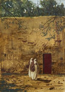 PITTORE ORIENTALISTA DEL XIX SECOLO - Due figure in un paesaggio, probabilmente Africa Settentrionale