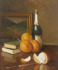 CAMPESTRINI ALCIDE DAVIDE (1863 - 1940) - Natura morta con arance, libri e bottiglia