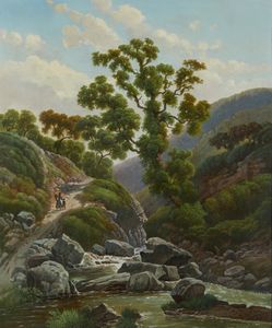 DONNINI EMILIO (1809 - 1886) - Paesaggio naturale con ruscello e viandanti
