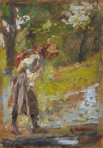 BAZZARO LEONARDO (1853 - 1937) - Attribuito a. Contadina nel bosco