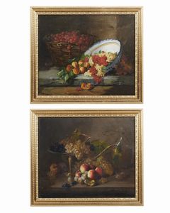 BRUNEL DE NEUVILLE ALFRED ARTHUR (1852 - 1941) - Coppia di dipinti raffiguranti natura morta con pesche, uva e ciliegie