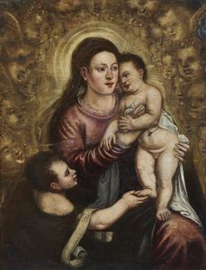 ARTISTA VENETO DEL XVII SECOLO - Madonna con Bambino, San Giovannino e angeli