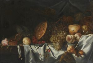 SIMONS MICHIELS (1620 - 1673) - Attribuito a. Natura morta con melone, frutta e nautilus