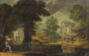 ARTISTA ITALIANO DEL XVIII SECOLO - Paesaggio boschivo con personaggi presso un ruscello, un capriccio architettonico sullo sfondo