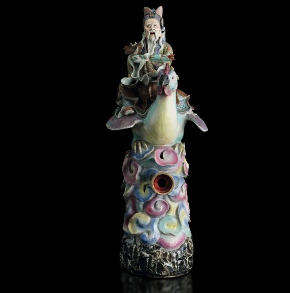 Grande figura in porcellana policroma raffigurante saggio a cavallo di un gallo, Dinastia Qing, fine XIX secolo  - Asta Fine Asian Works of Art - Associazione Nazionale - Case d'Asta italiane