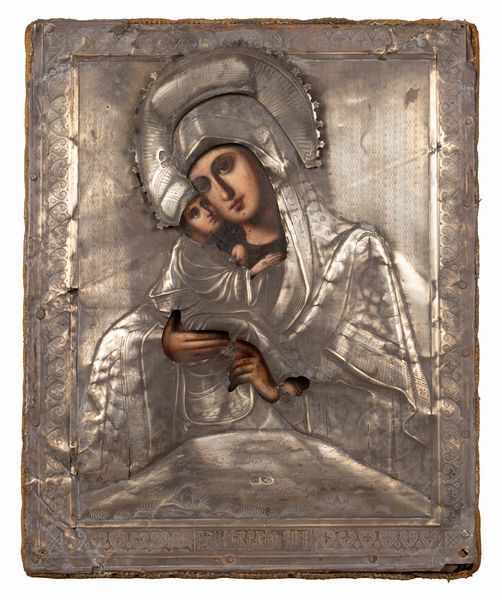 Icona con riza in argento raffigurante Madonna di Vladimir. Russia, secolo XIX  - Asta Incanti d'Arte - Associazione Nazionale - Case d'Asta italiane