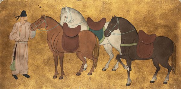 Dipinto su foglia d'oro applicato su tavola raffigurante cavalli e palafranieri  - Asta Incanti d'Arte - Associazione Nazionale - Case d'Asta italiane