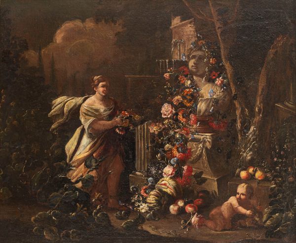 Scuola napoletana, secolo XVIII : Trionfo di fiori e frutti in un giardino con donna che adorna una statua  - Asta Incanti d'Arte - Associazione Nazionale - Case d'Asta italiane