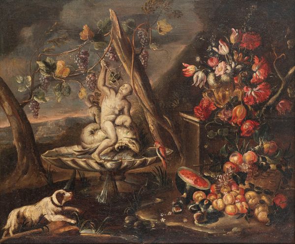 Scuola napoletana, secolo XVIII : Trionfo di fiori e frutta in un giardino con fontana  - Asta Incanti d'Arte - Associazione Nazionale - Case d'Asta italiane