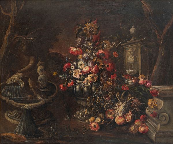 Scuola napoletana, secolo XVIII : Trionfo di fiori in un vaso en plain air  - Asta Incanti d'Arte - Associazione Nazionale - Case d'Asta italiane