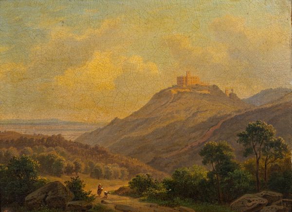 Scuola italiana, fine secolo XVIII - inizi secolo XIX : Paesaggio laziale con borgo turrito  - Asta Incanti d'Arte - Associazione Nazionale - Case d'Asta italiane