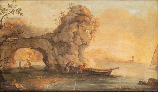 Imitatore di Claude-Joseph Vernet : Marina con arco naturale in primo piano  - Asta Incanti d'Arte - Associazione Nazionale - Case d'Asta italiane