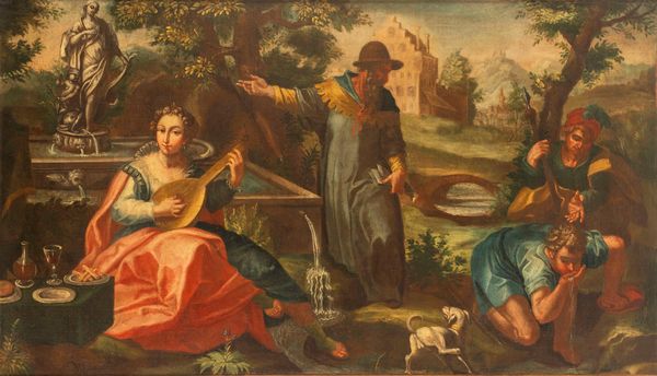Pittore fiammingo attivo in Italia, secolo XVII : Scena allegorica con nobildonna che suona il liuto  - Asta Incanti d'Arte - Associazione Nazionale - Case d'Asta italiane