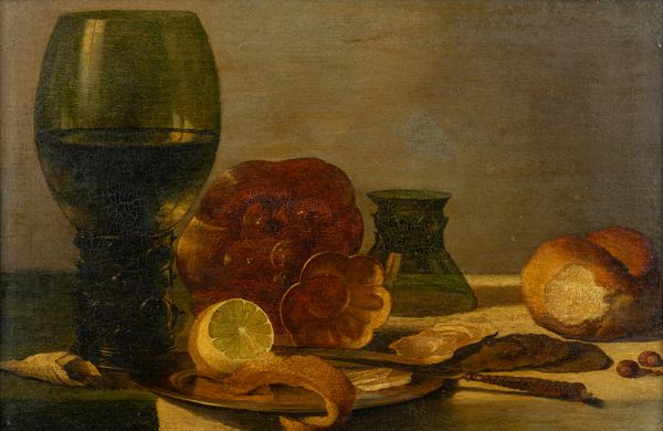 Imitatore di Pieter Claesz. : Natura morta con bicchiere di vetro e limone su un tavolo  - Asta Incanti d'Arte - Associazione Nazionale - Case d'Asta italiane