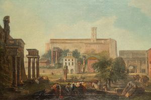 Scuola romana, secolo XVIII - Veduta di Campo Vaccino con il Campidoglio sullo sfondo