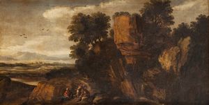 Scuola romana, secolo XVII - Paesaggio arcadico con figure