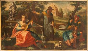 Pittore fiammingo attivo in Italia, secolo XVII : Scena allegorica con nobildonna che suona il liuto  - Asta Incanti d'Arte - Associazione Nazionale - Case d'Asta italiane