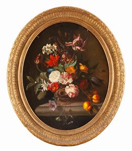 Scuola europea, secolo XIX - Rose, tulipani, narcisi e altri fiori in un vaso
