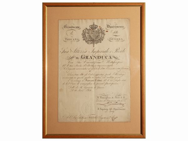 Militaria: Granducato di Toscana - Dipartimento della Guerra, 1848  - Asta Due case fiorentine - Associazione Nazionale - Case d'Asta italiane