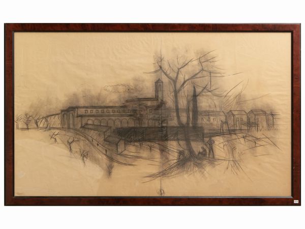 Paesaggio con veduta di monastero  - Asta Due case fiorentine - Associazione Nazionale - Case d'Asta italiane