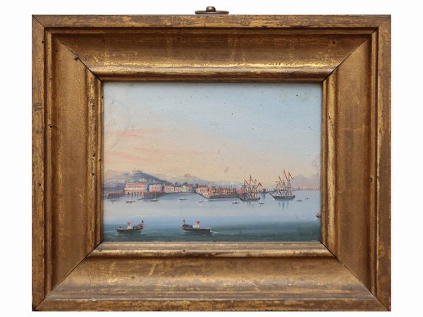 Scuola napoletana della fine del XIX/inizio del XX secolo : Scorcio del golfo di Napoli con velieri  - Asta Due case fiorentine - Associazione Nazionale - Case d'Asta italiane