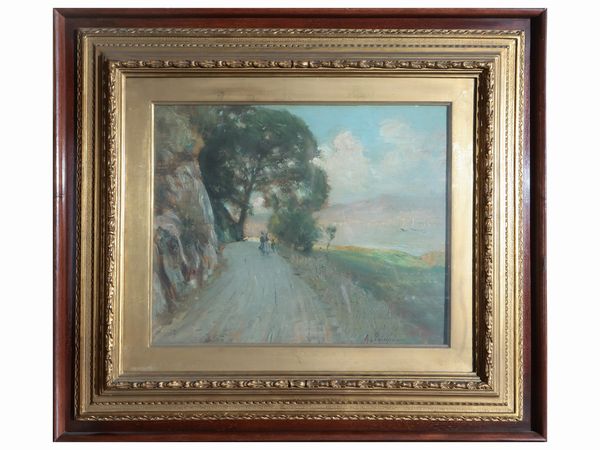 Alceste Campriani : Scorcio di strada costiera con viandanti  - Asta Due case fiorentine - Associazione Nazionale - Case d'Asta italiane