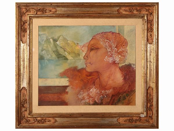 Giuliano Pini : Composizione con volto 1974  - Asta Due case fiorentine - Associazione Nazionale - Case d'Asta italiane