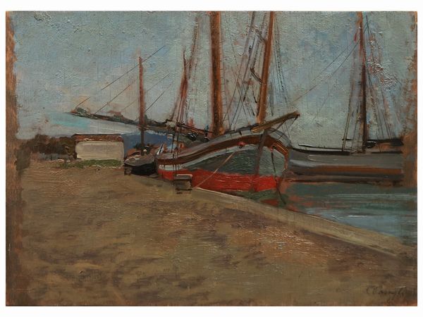 Carlo Passigli : Vedita di porto con barche all'ormeggio  - Asta Due case fiorentine - Associazione Nazionale - Case d'Asta italiane