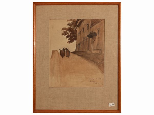 Luigi Michelacci : Scorcio di strada con due viandanti  - Asta Due case fiorentine - Associazione Nazionale - Case d'Asta italiane