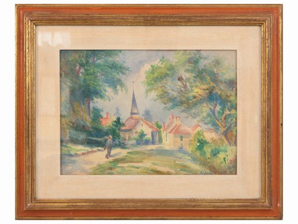 Fernand Riblet : Villaggio con chiesa  - Asta Due case fiorentine - Associazione Nazionale - Case d'Asta italiane